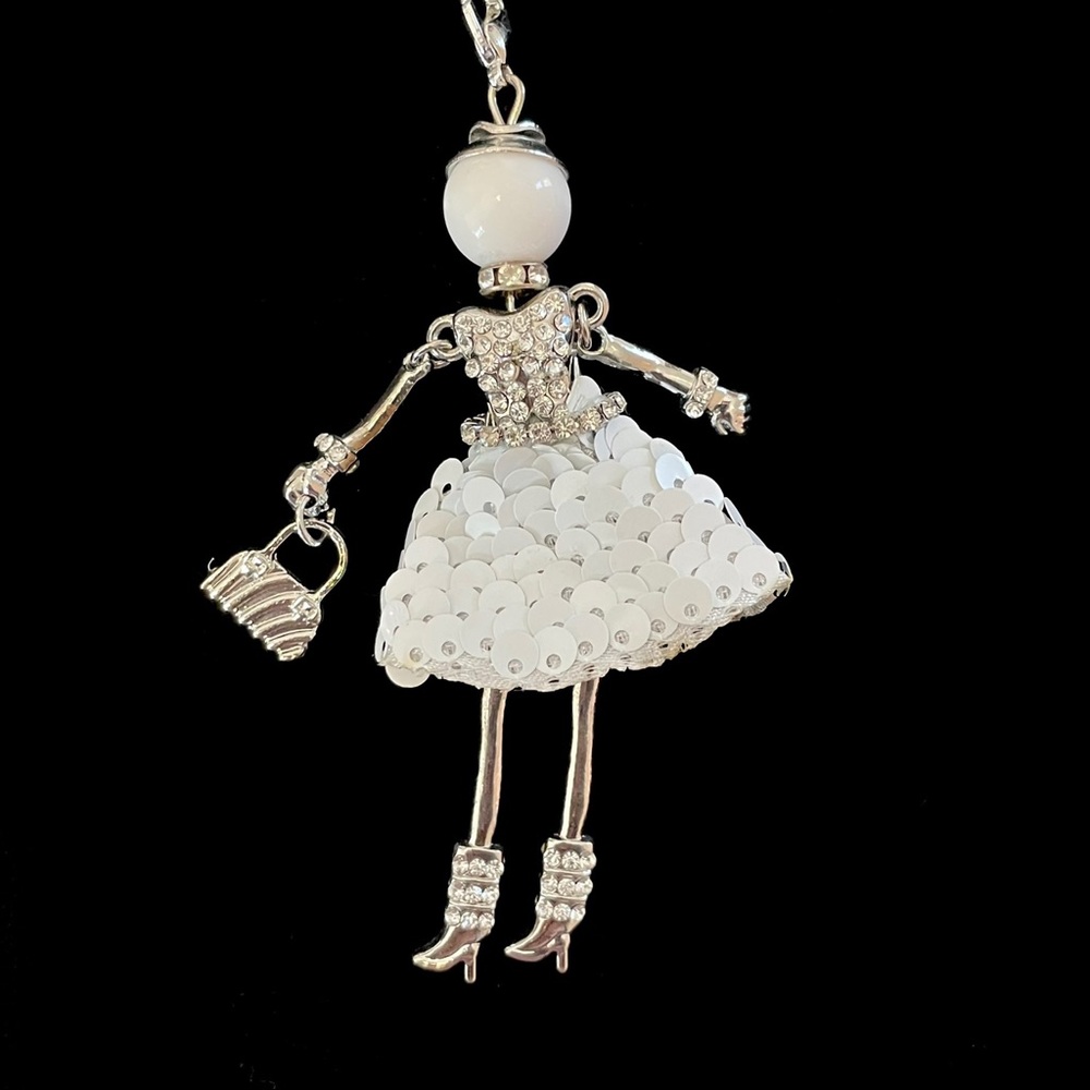 ♥️ Lady In White Crystal & Sequin Doll Keychain Purse Charm